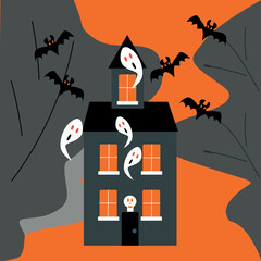 Halloween holiday. A haunted house with flying bats and black bushes. Vector illustration