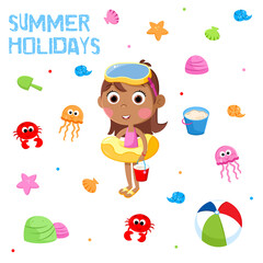 Lovely little black girl and summer holidays - Isolated cartoon illustration of a summer beach party - White background