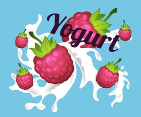 Fruit yogurt, tasty milk with fresh raspberries