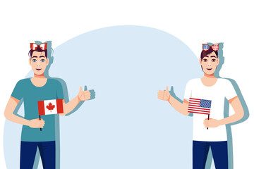Canadian and American flags. Background for the inscription with flags. The concept of the competition between Canada and America. Feelings and emotions of male cheerleaders