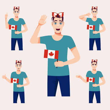 A beautiful man with the Canadian flag. A set of fan emotions. Vector illustration on cartoon style.