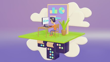 3d rendering illustration young man working in cloud services