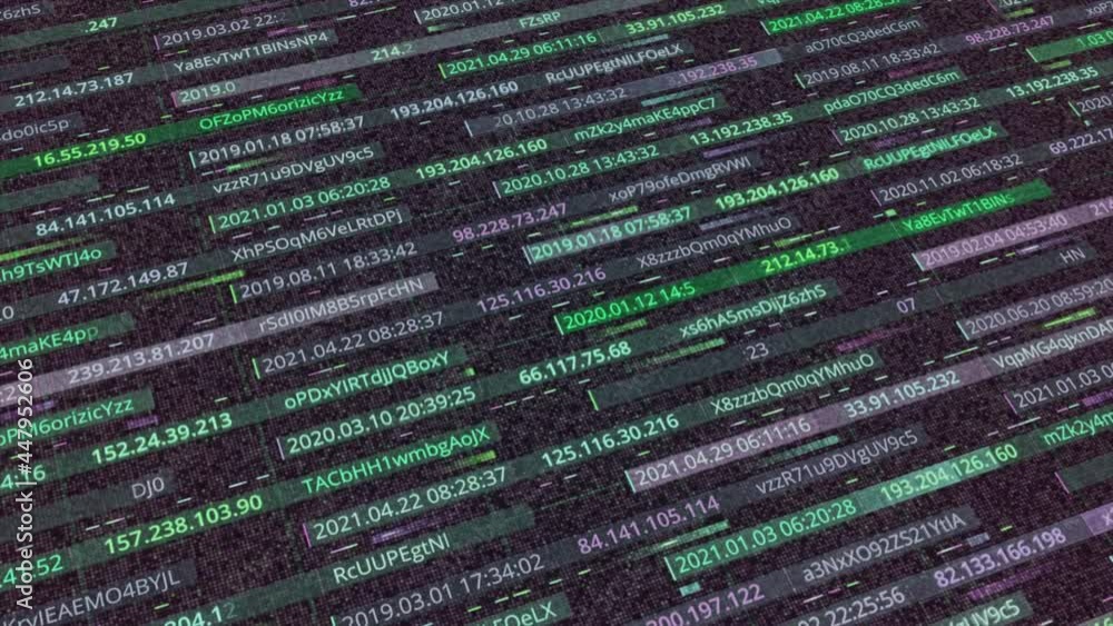 Poster abstract digital background of narrow horizontal stripes with hacking data. animation. purple backgr