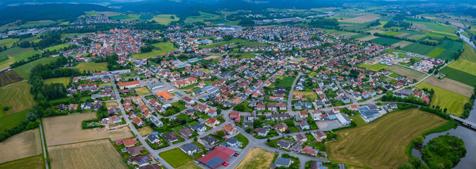 Aerial view of the city Pfreimd in Germany, Bavaria. on a cloudy day in spring