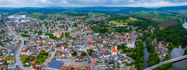 Aerial view of the city Schwarzenfeld in Germany, Bavaria. on a sunny day in spring