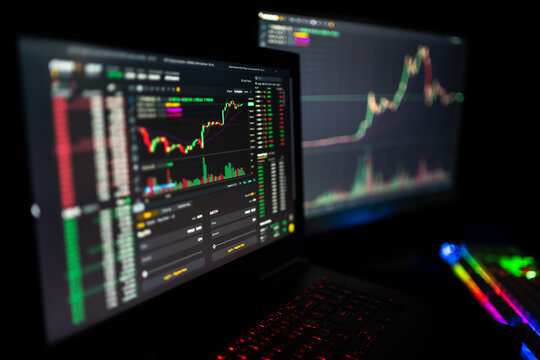 Closeup shot of two monitors showing a crypto trader using the Binance trading platform