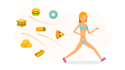 Abstract Flat Woman Skinny Girl Runs Away From Food In Panties And Bra Grabbed Her Head Cartoon People Character Concept Illustration Vector Design Style Lack Of Weight Anorexia