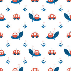 Scandinavian car pattern with leaves on a white background. Hand drawn vector