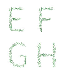 Green tree branch set of letters. Alphabet abc font capital letters for logo design.