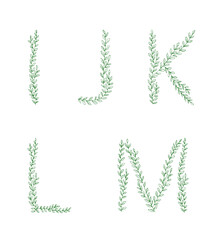 Green tree branch set of letters. Alphabet abc font capital letters for logo design.