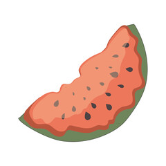 A piece of red watermelon with seeds on a white background. Summer delicious print on T-shirts, decorative pillows, interior design, food courts. 