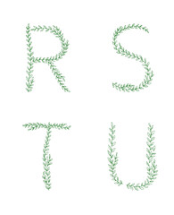 Green tree branch set of letters. Alphabet abc font capital letters for logo design.