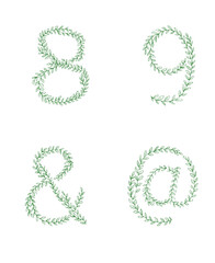 Green tree branch set of figures numbers. Alphabet abc font capital letters for logo design.