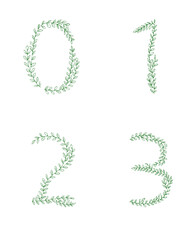 Green tree branch set of figures numbers. Alphabet abc font capital letters for logo design.