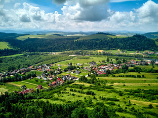 Beautiful aerial panoramic view of the Pieniny National Park, Poland in sunny day. Sokolica and Trzy Korony - English: Three Crowns (the summit of the Three Crowns Massif) © udmurd