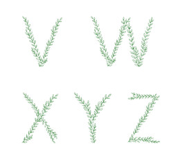 Green tree branch set of letters. Alphabet abc font capital letters for logo design.