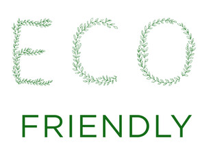 ECO FRIENDLY lettering. Green tree branch letters. Alphabet abc font capital letters for logo design