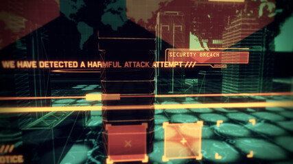 Naklejka premium Security Access alert message over holographic Cyber City and buildings. 3D Render.