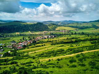 Beautiful aerial panoramic view of the Pieniny National Park, Poland in sunny day. Sokolica and Trzy Korony - English: Three Crowns (the summit of the Three Crowns Massif) © udmurd