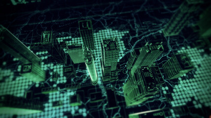 Green holographic buildings representing digital property. Digital city inside cyberspace.