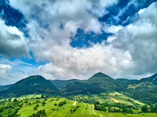 Beautiful aerial panoramic view of the Pieniny National Park, Poland in sunny day. Sokolica and Trzy Korony - English: Three Crowns (the summit of the Three Crowns Massif) © udmurd