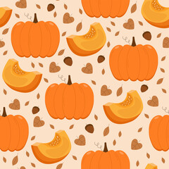 Autumn seamless pattern. Pumpkin, pumpkin slice, leafs and acorn elements illustration. Hand drawn vector print design for fabric, wrapping paper or wallpaper. Vegetable background in autumn mood. 