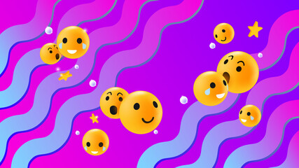 Abstract Emoticon Reactions Concept. Flowing Emoji Faces on Wavy Gradient Background. Vector illustration