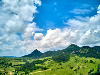 Beautiful aerial panoramic view of the Pieniny National Park, Poland in sunny day. Sokolica and Trzy Korony - English: Three Crowns (the summit of the Three Crowns Massif) © udmurd