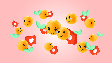 Emoticon Reactions on Peachy Background. Heart-Shaped Like, Emoji Faces, Leaves. Vector illustration
