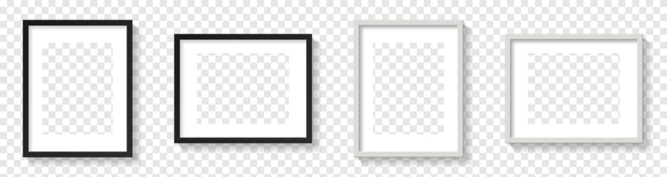 Realistic picture frame mockup A4 rectangle set. Isolated Black and white pictures frames mock-up, wall presentation. Blank frame border mockups. Vector illustration