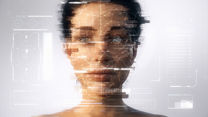 Fototapeta Distorted technological scanning of the face and retina of a beautiful woman avatar for facial recognition. Personal safety. Concept of: future, security, artificial intelligence. 3D Rendering. obraz