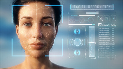Futuristic and technological scanning of the face and retina of a beautiful woman avatar for facial recognition. Personal safety. Concept of: future, security, artificial intelligence. 3D Rendering.