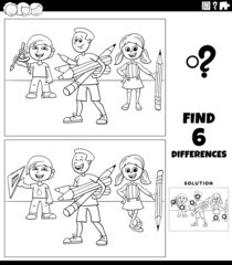 differences game with school pupils coloring book page