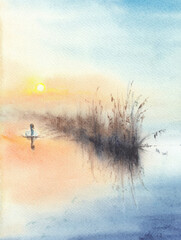 Lake or river landscape with water scene, sunrise and loneless swan