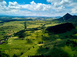 Beautiful aerial panoramic view of the Pieniny National Park, Poland in sunny day. Sokolica and Trzy Korony - English: Three Crowns (the summit of the Three Crowns Massif) © udmurd