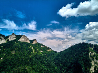 Beautiful aerial panoramic view of the Pieniny National Park, Poland in sunny day. Sokolica and Trzy Korony - English: Three Crowns (the summit of the Three Crowns Massif) © udmurd