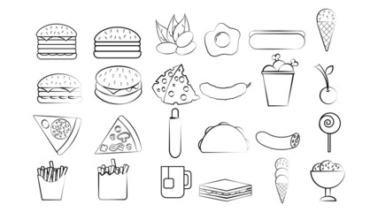 Black and white set of 28 food and snack items icons for restaurant bar cafe: burger, nuts, egg, sausage, ice cream, pizza, burrito, candy, tea. The background