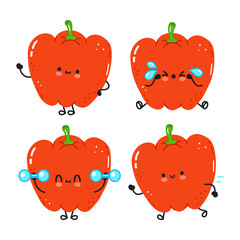 Funny cute happy red pepper characters bundle set. Vector kawaii line cartoon style illustration. Cute red pepper mascot character collection