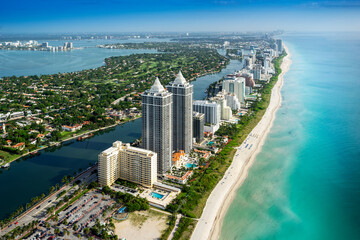 Aerial View from a Helicopter of Miami Beach,.South Miami Beach, .Miami Dade,.Florida.North America,.USA - obrazy, fototapety, plakaty