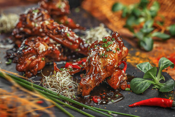 Baked chicken wings and legs with sesame seeds in honey mustard sauce with Indian spices. The concept of Indian cuisine.