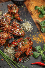 Fototapeta na wymiar Baked chicken wings and legs with sesame seeds in honey mustard sauce with Indian spices. The concept of Indian cuisine.