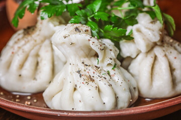 Georgian traditional dumplings khinkali with meat, spices and greens on a stoneware plate