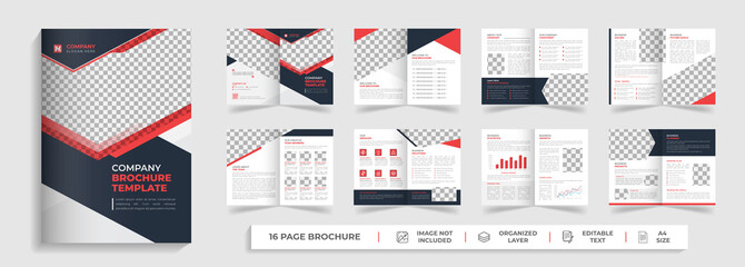 16 page Corporate modern bi fold brochure template and company profile with red and black creative shapes annual report design ,Multipurpose editable template