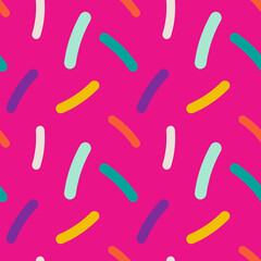 Rainbow sprinkles pattern. For textile, product application. Pink background. Sweet and fun. Vector illustration, flat design