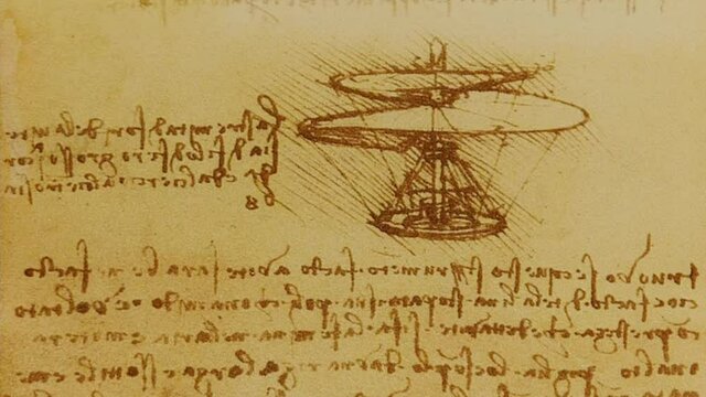 Leonardo Da Vinci helicopter sketch comes to life and a 3D helicopter flies away - 3D illustration 