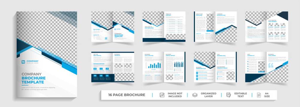 Corporate modern bi fold brochure template and company profile with blue and black creative shapes annual report design ,Multipurpose editable template
