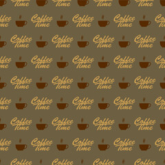 seamless pattern for coffee cups and coffee time writing for the coffee shop background. decoration of a coffee shop or cafe