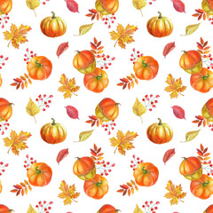 Orange pumpkin,autumn yellow leaves, red rowan berries on white background.