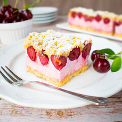 Cherry Cloud cake. Shortcrust pastry with delicate foam and fresh cherries.