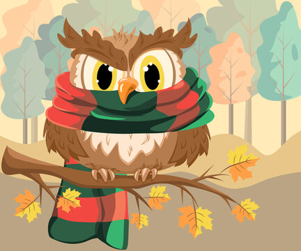 The image of a cute owl with a bright scarf. Autumn landscape. Cartoon picture. Vector illustration